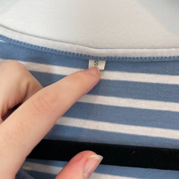 MATERNITY Blue Breton Striped Peplum Top - 3/4 sleeves - Picture 4 of 11